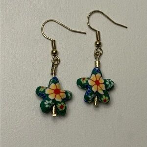Floral Star Earrings in Green and Gold